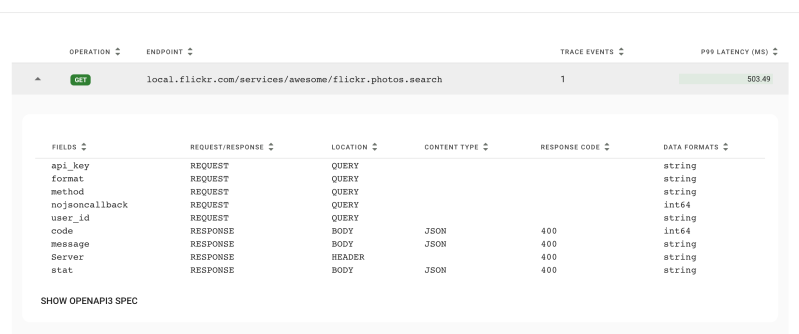 A screen shot of the Akita web console. The shot depicts the detected aPI specification of a single Flickr API call.